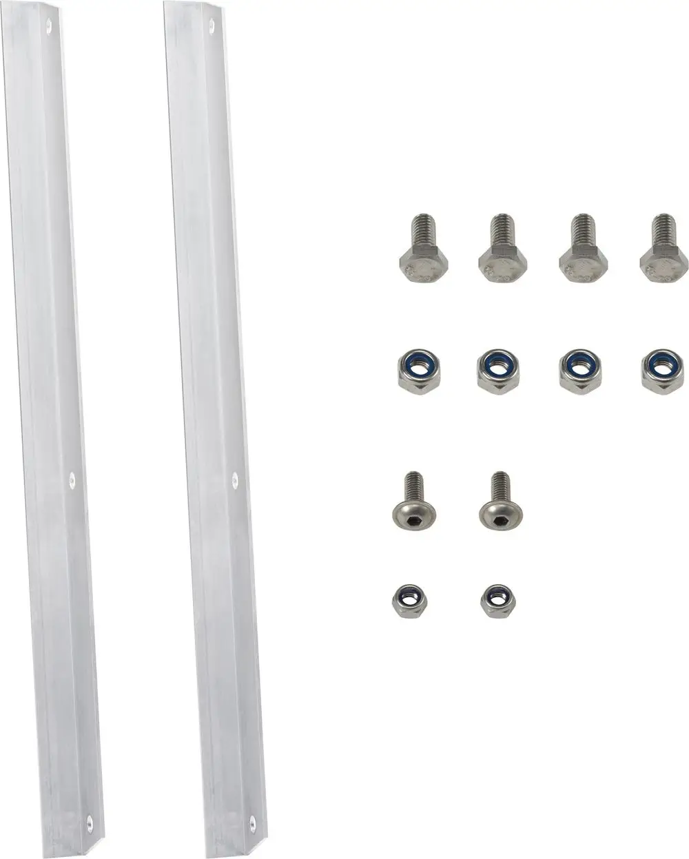 Aluminiumprofile mit mehreren Schrauben und Unterlegscheiben, bereit zur Montage. Produkte von Bosch zur Nutzung im Bereich Solartechnik.
